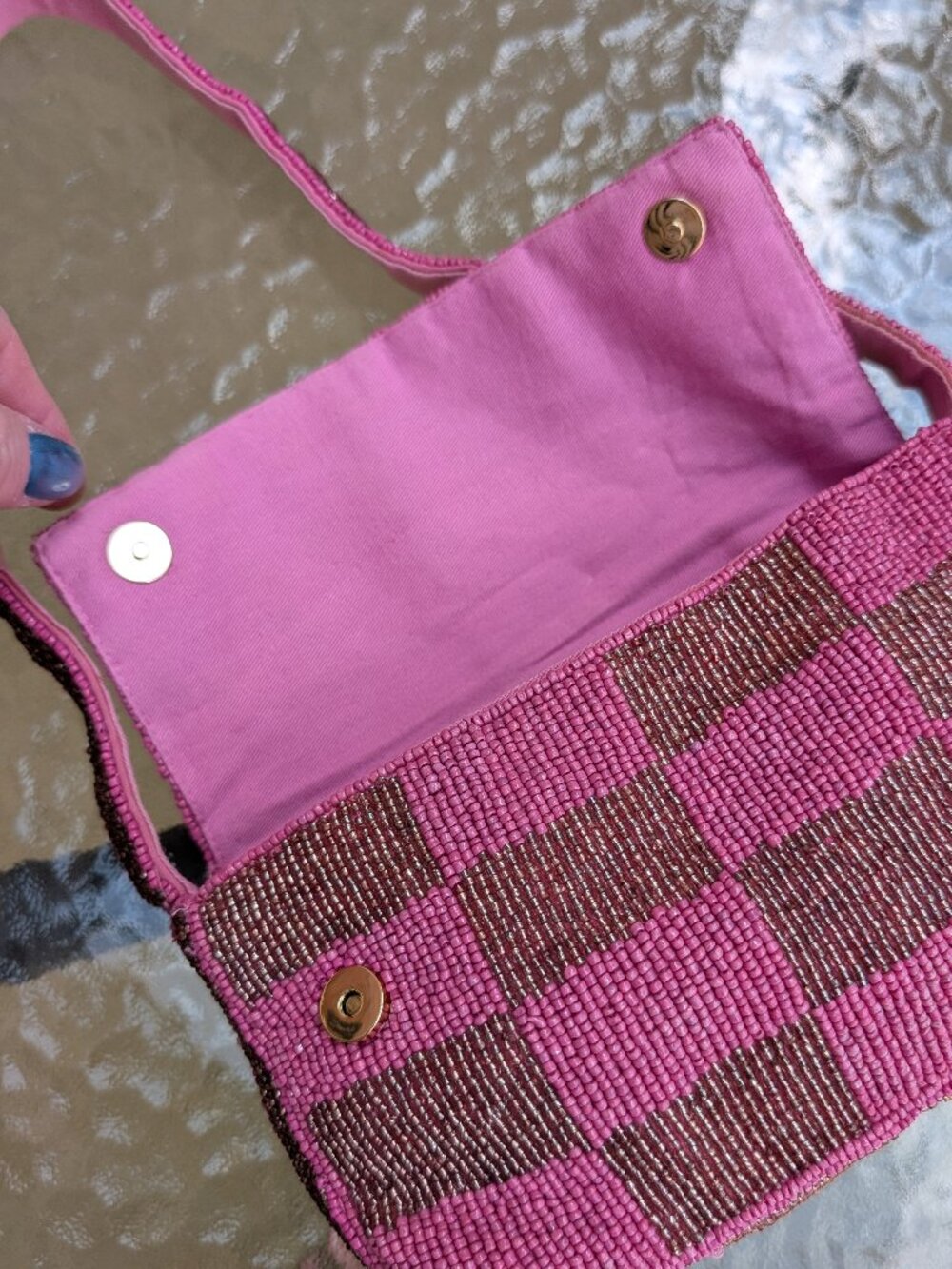 ANTHROPOLOGIE Pink Checkered Viral Beaded Bag - Picture 5 of 6
